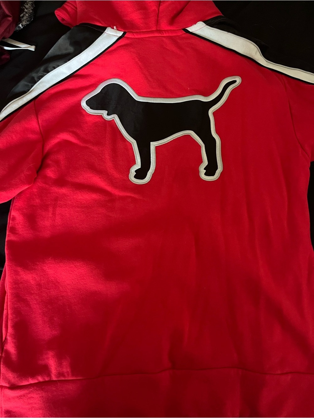 PINK Victoria's Secret Red Hooded Sweatshirt with Black Dog Logo and White Trim